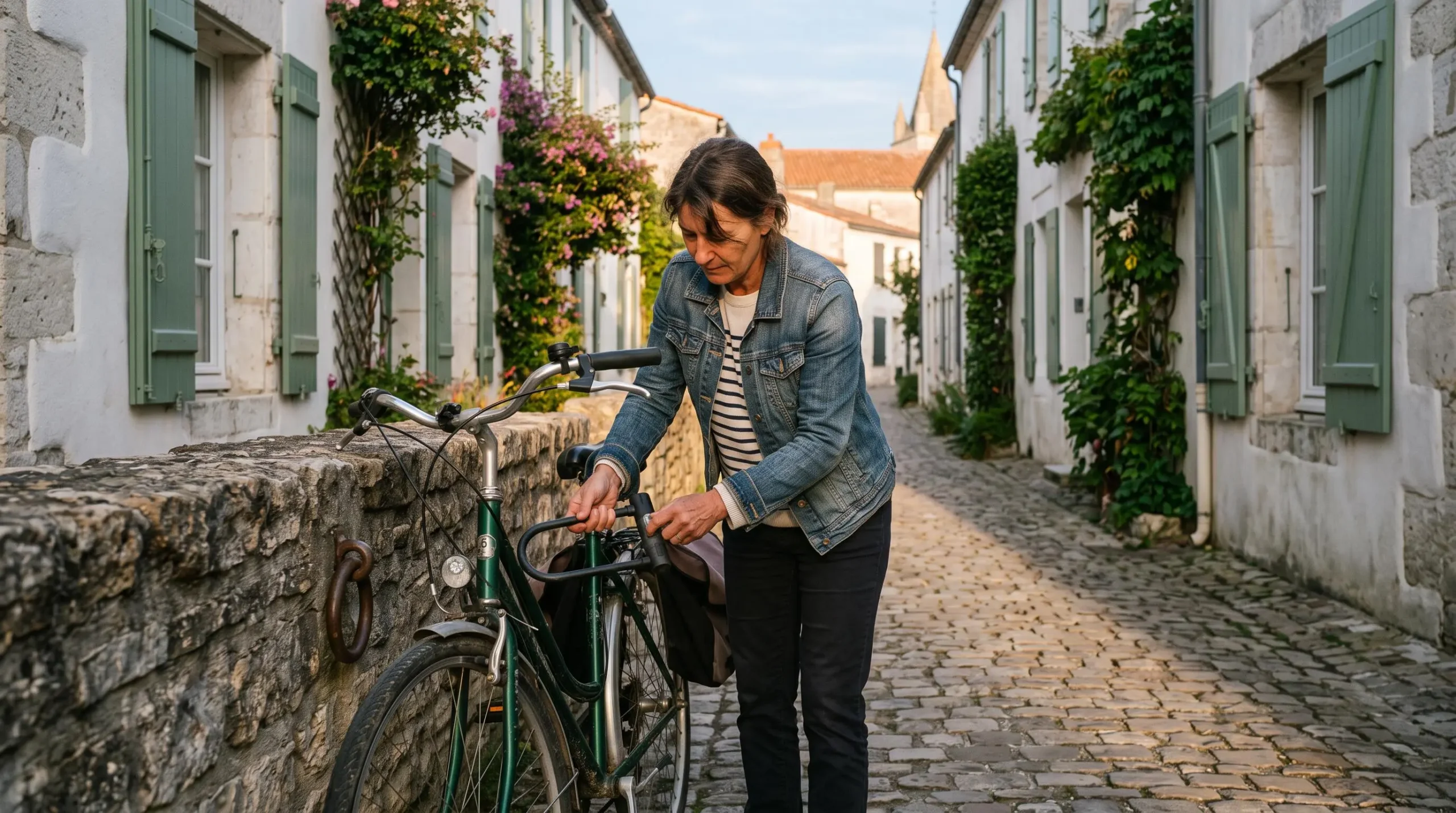 A person locks a bicycle against a stone wall in a village lane on Île de Ré.