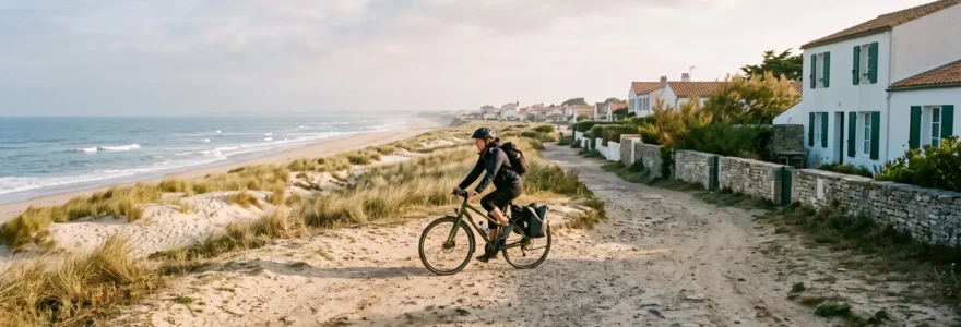 A cyclist rides a coastal path beside sand dunes and whitewashed houses on Île de Ré.