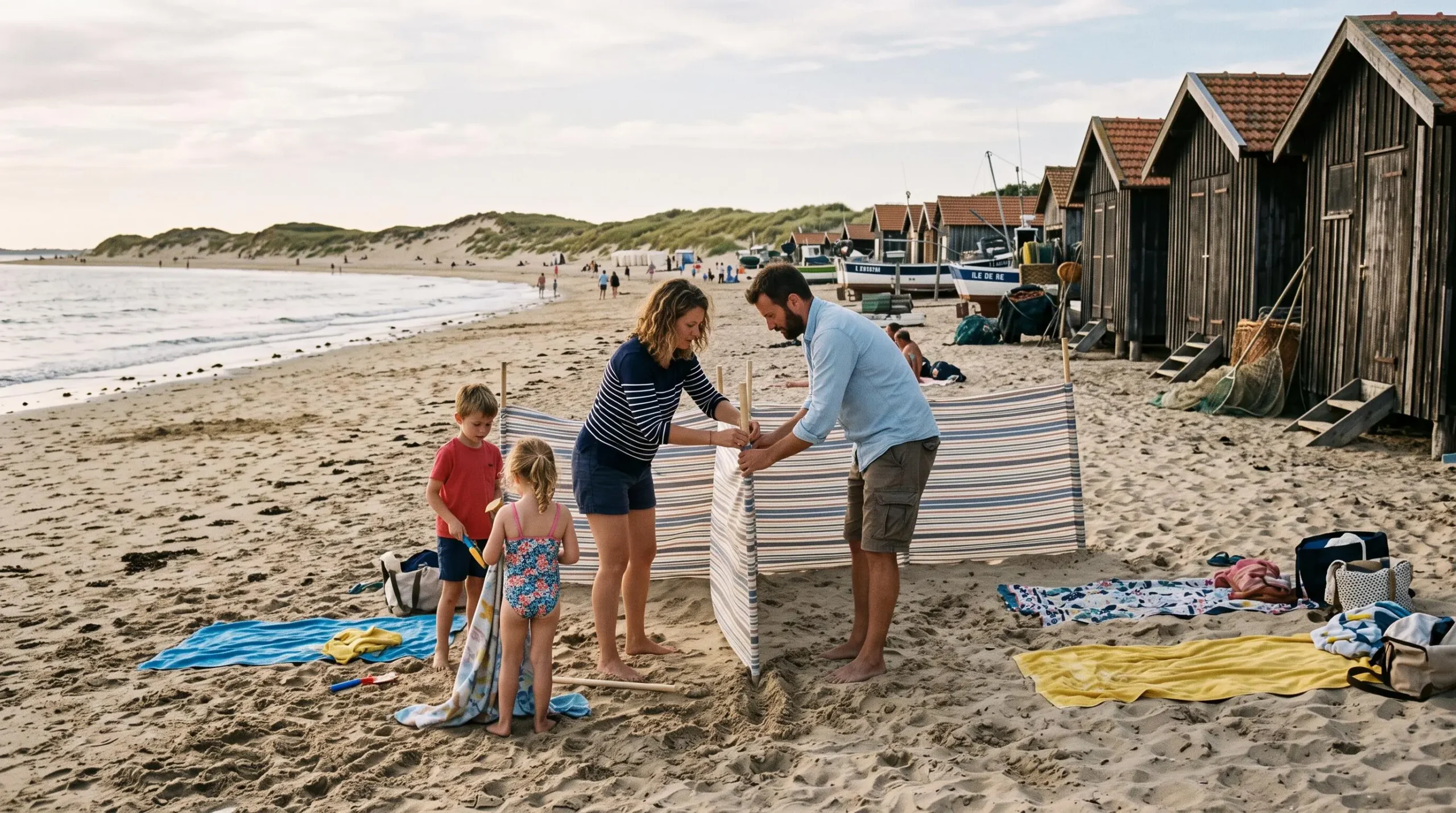 A family sets up a windbreak on a sandy beach near wooden huts on Île de Ré.