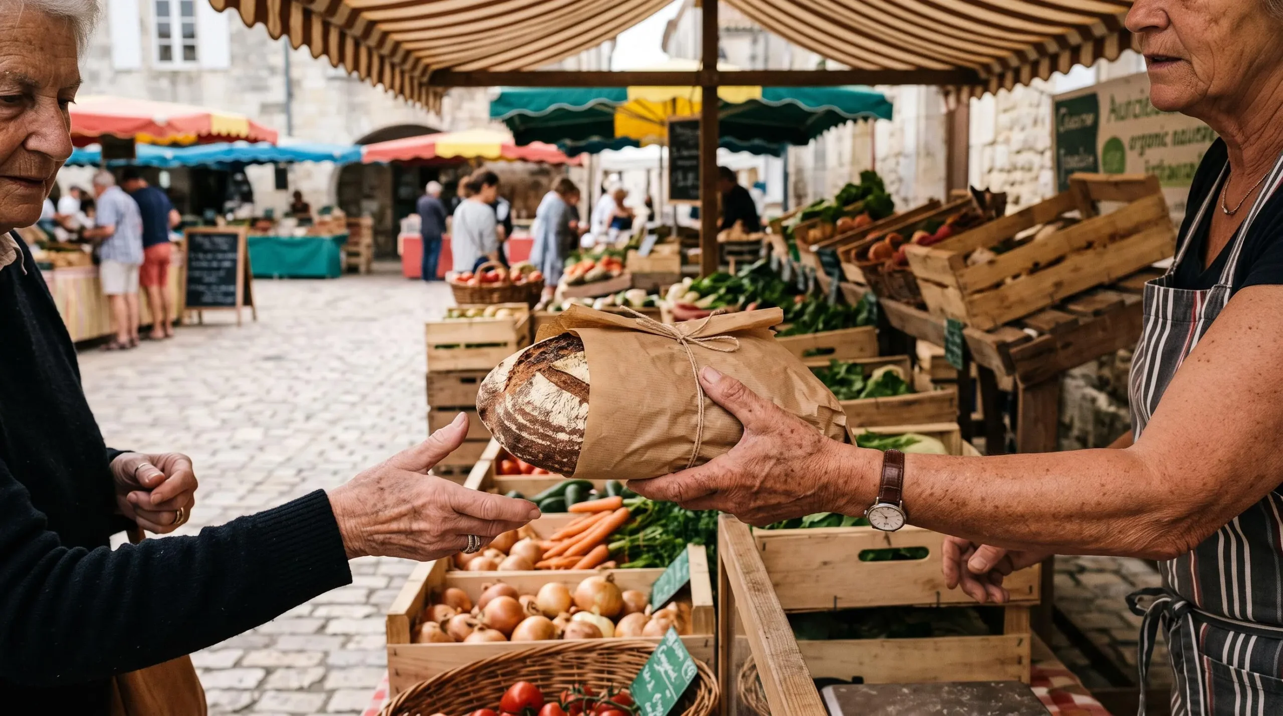 A vendor hands over a wrapped loaf at a village market stall on Île de Ré.